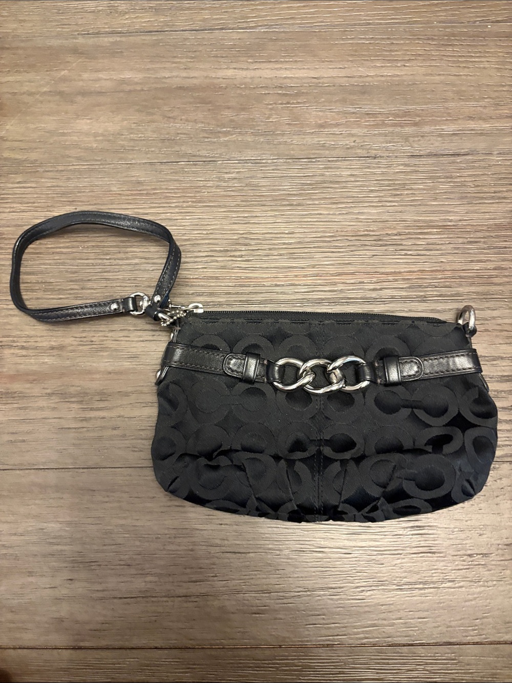 Coach Black Signature Logo Wristlet with Chain Detail